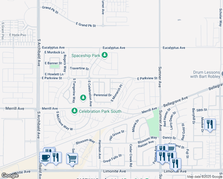 map of restaurants, bars, coffee shops, grocery stores, and more near 4815 South Pastel Lane in Ontario