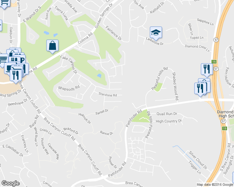 map of restaurants, bars, coffee shops, grocery stores, and more near 20527 Lake Canyon Drive in Walnut