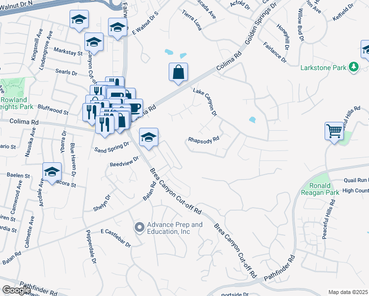 map of restaurants, bars, coffee shops, grocery stores, and more near 20124 Rhapsody Road in Walnut