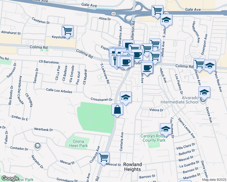 map of restaurants, bars, coffee shops, grocery stores, and more near 18234 Vía Calma in Rowland Heights