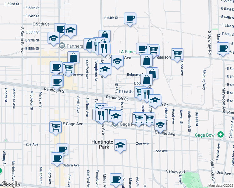 map of restaurants, bars, coffee shops, grocery stores, and more near in Huntington Park