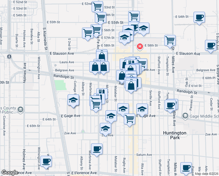 map of restaurants, bars, coffee shops, grocery stores, and more near 2464 Randolph Street in Huntington Park