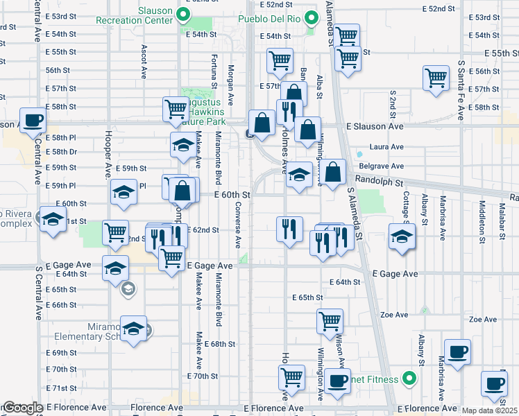 map of restaurants, bars, coffee shops, grocery stores, and more near 1664 East 60th Street in Los Angeles
