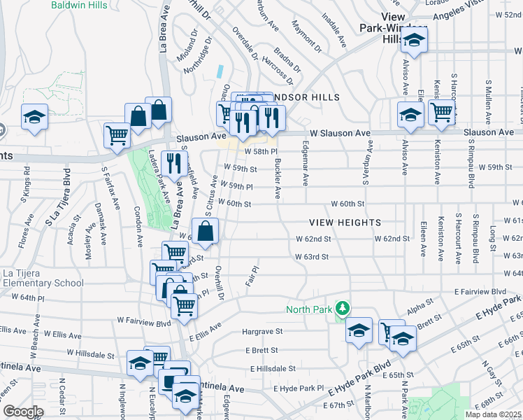 map of restaurants, bars, coffee shops, grocery stores, and more near 4437 West 60th Street in View Park-Windsor Hills