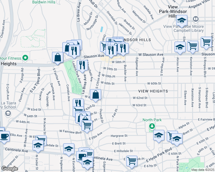 map of restaurants, bars, coffee shops, grocery stores, and more near 4477 West 60th Street in View Park-Windsor Hills