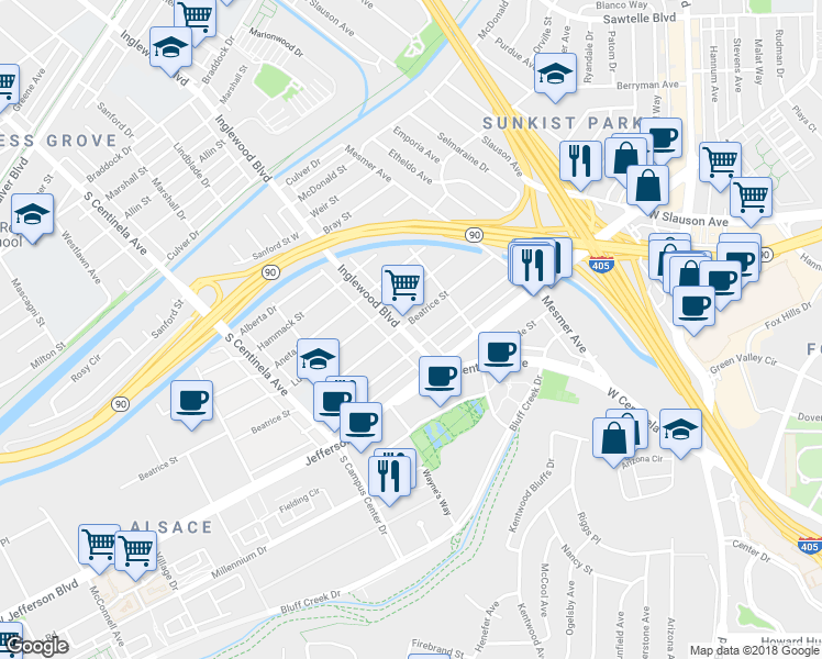 map of restaurants, bars, coffee shops, grocery stores, and more near 11930 Beatrice Street in Culver City