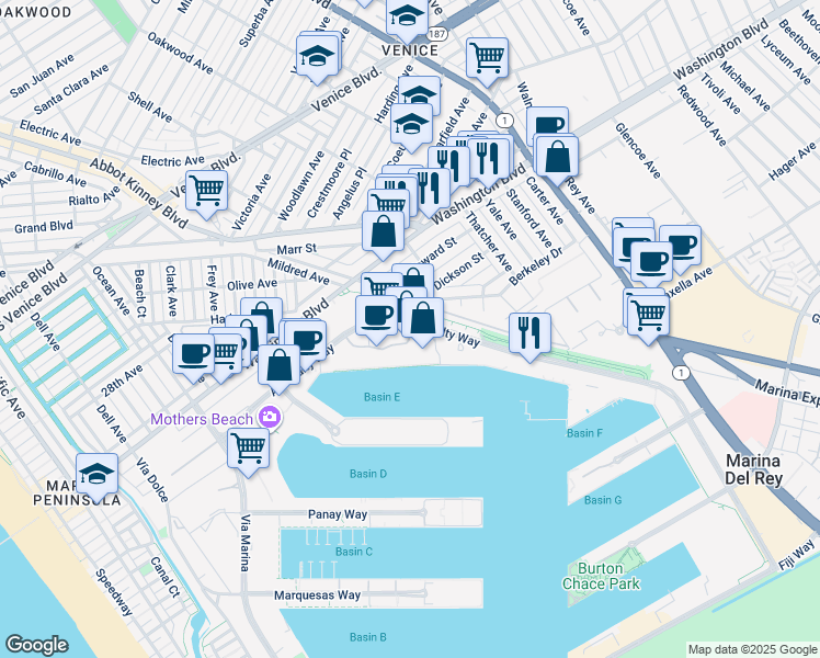 map of restaurants, bars, coffee shops, grocery stores, and more near in Marina del Rey