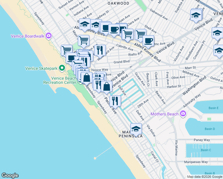 map of restaurants, bars, coffee shops, grocery stores, and more near 216 North Venice Boulevard in Los Angeles