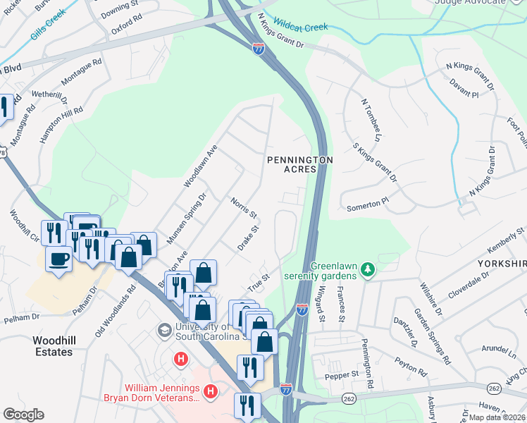 map of restaurants, bars, coffee shops, grocery stores, and more near 1126 Cedar Terrace in Columbia