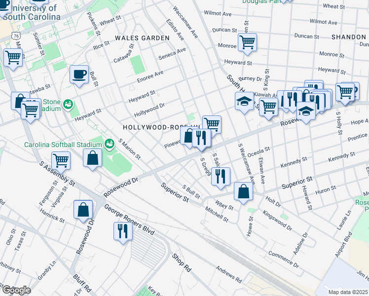 map of restaurants, bars, coffee shops, grocery stores, and more near 1722 Pinewood Drive in Columbia