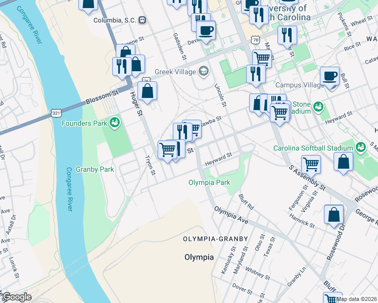 map of restaurants, bars, coffee shops, grocery stores, and more near 631 Whaley Street in Columbia