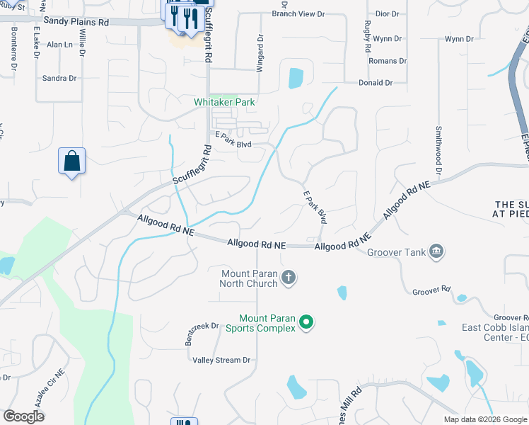 map of restaurants, bars, coffee shops, grocery stores, and more near 1650 Emerald Ridge in Marietta