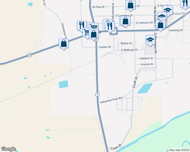 map of restaurants, bars, coffee shops, grocery stores, and more near United Drive in Bruce