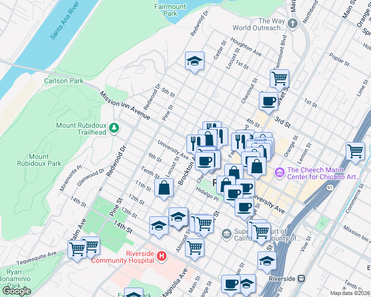 map of restaurants, bars, coffee shops, grocery stores, and more near 3756 Locust Street in Riverside
