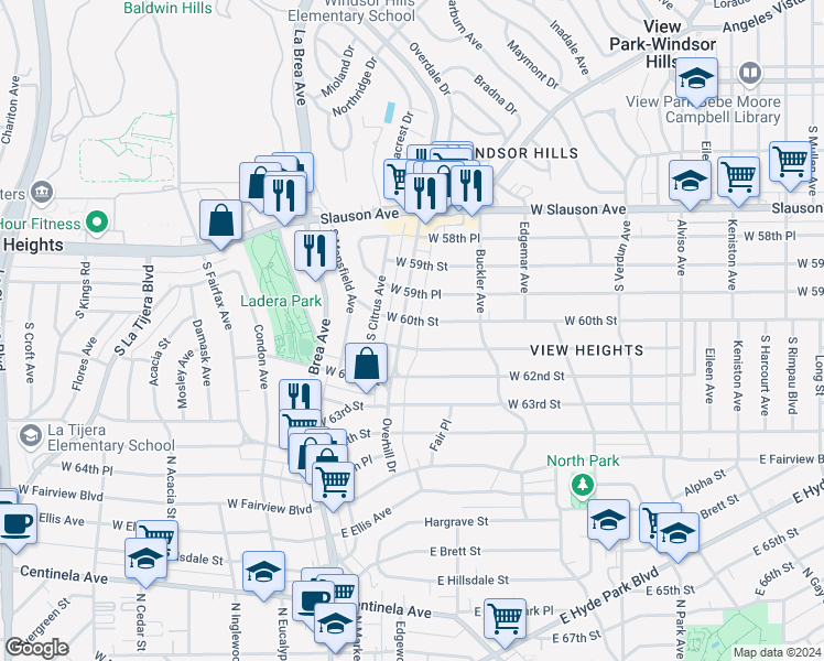 map of restaurants, bars, coffee shops, grocery stores, and more near 6006 Overhill Drive in View Park-Windsor Hills