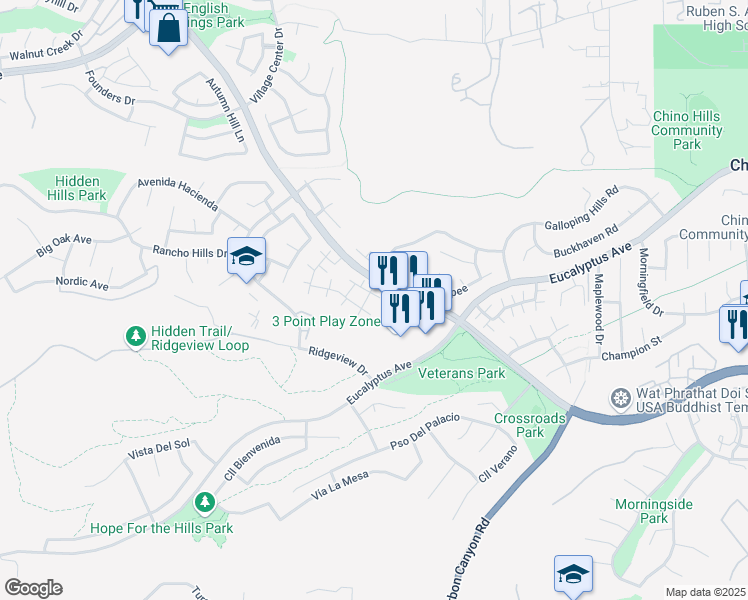 map of restaurants, bars, coffee shops, grocery stores, and more near 2539 Sundial Drive in Chino Hills