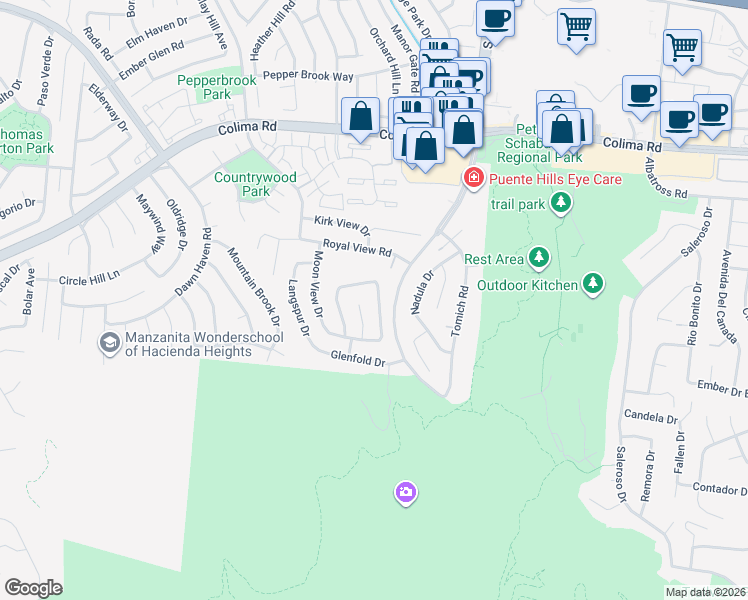 map of restaurants, bars, coffee shops, grocery stores, and more near 2123 Elberglen Drive in Hacienda Heights