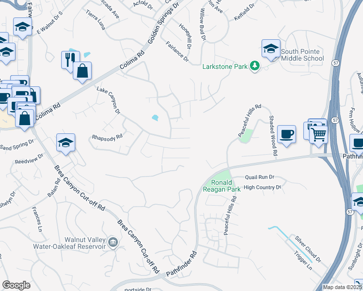 map of restaurants, bars, coffee shops, grocery stores, and more near 20547 Starshine Road in Walnut
