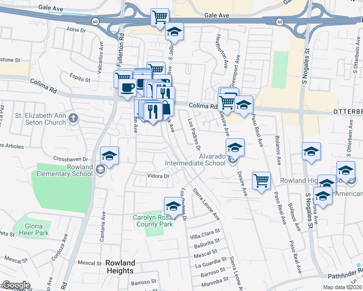 map of restaurants, bars, coffee shops, grocery stores, and more near 1902 Jellick Avenue in Rowland Heights