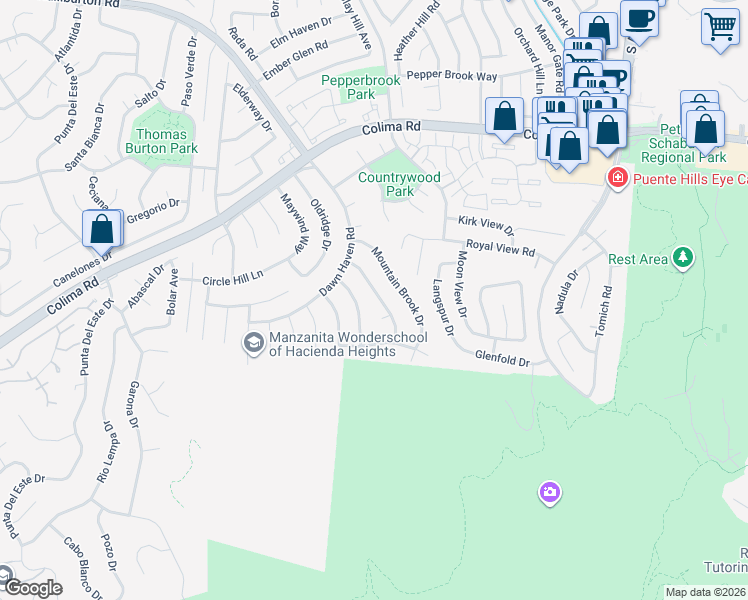 map of restaurants, bars, coffee shops, grocery stores, and more near 2363 Birch Log Way in Hacienda Heights