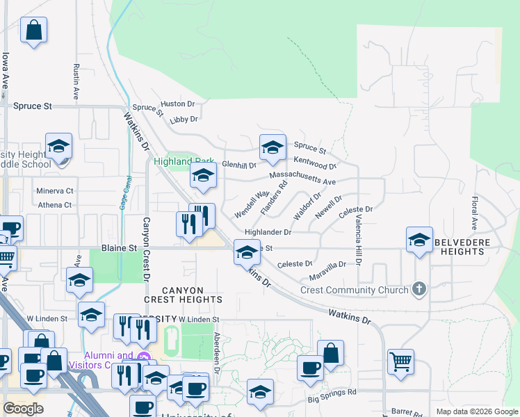 map of restaurants, bars, coffee shops, grocery stores, and more near 3085 Flanders Road in Riverside