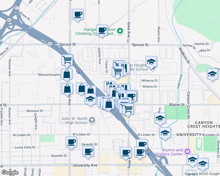 map of restaurants, bars, coffee shops, grocery stores, and more near 104 Sir Tristram Drive in Riverside