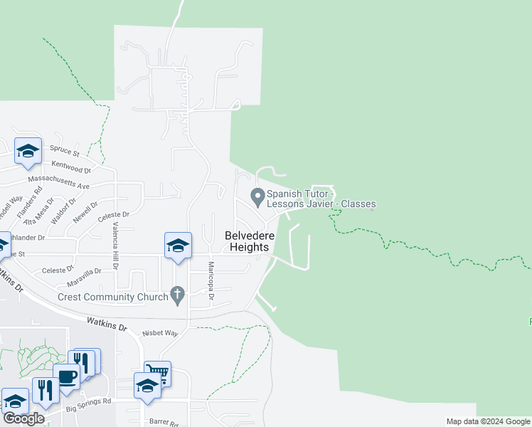 map of restaurants, bars, coffee shops, grocery stores, and more near 3094 Belvedere Drive in Riverside