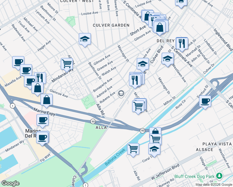map of restaurants, bars, coffee shops, grocery stores, and more near 12856 Rubens Avenue in Los Angeles