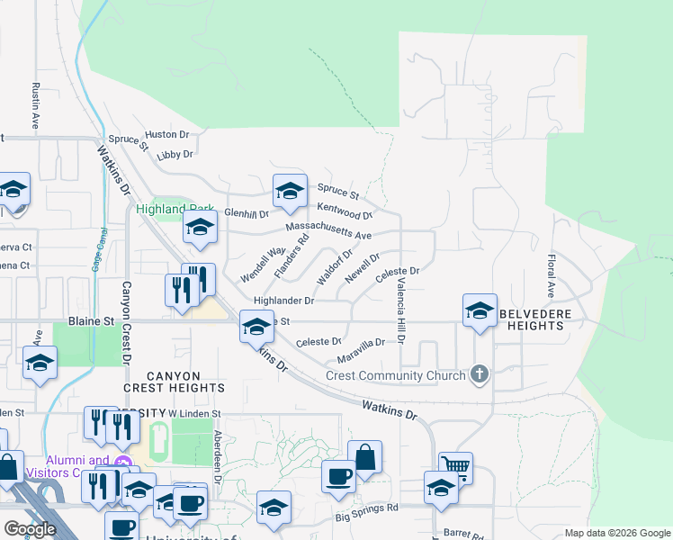 map of restaurants, bars, coffee shops, grocery stores, and more near 3040 Waldorf Drive in Riverside