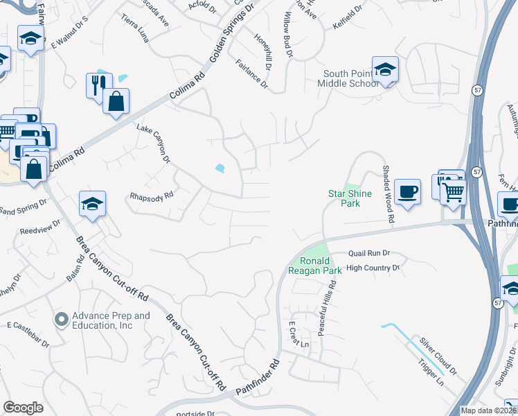 map of restaurants, bars, coffee shops, grocery stores, and more near 20527 Lake Canyon Drive in Walnut