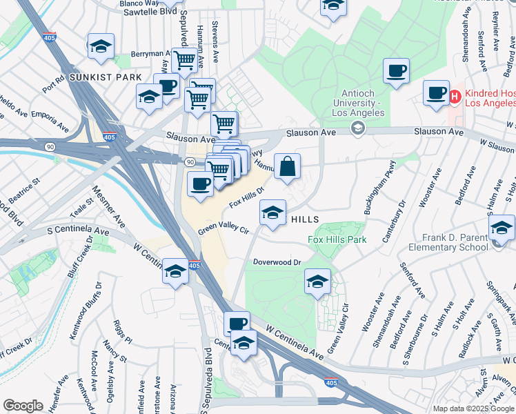 map of restaurants, bars, coffee shops, grocery stores, and more near 6167 Bristol Parkway in Culver City