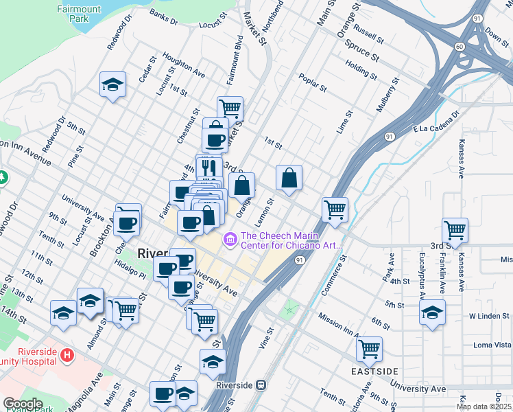 map of restaurants, bars, coffee shops, grocery stores, and more near 3549 4th Street in Riverside