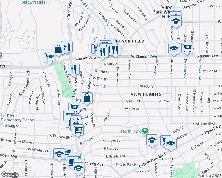 map of restaurants, bars, coffee shops, grocery stores, and more near 4437 West 60th Street in View Park-Windsor Hills