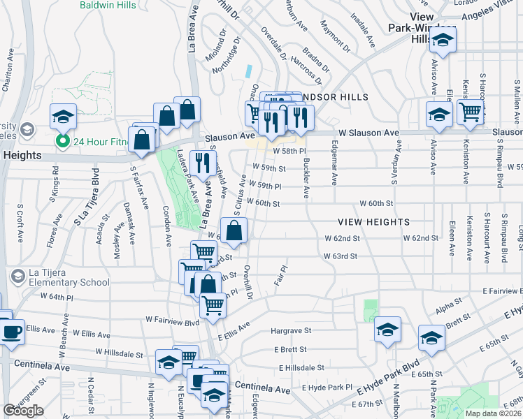 map of restaurants, bars, coffee shops, grocery stores, and more near 6006 Overhill Drive in View Park-Windsor Hills