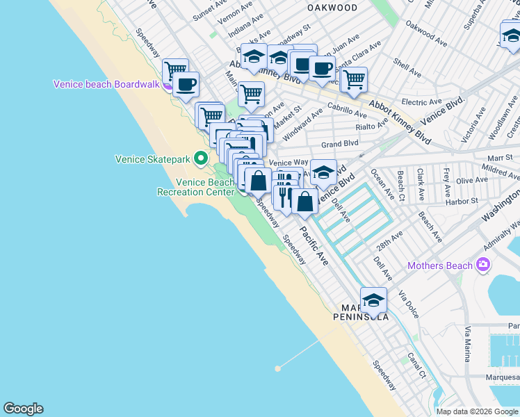 map of restaurants, bars, coffee shops, grocery stores, and more near 20 19th Avenue in Los Angeles