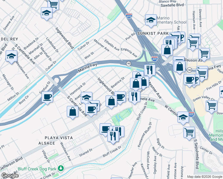 map of restaurants, bars, coffee shops, grocery stores, and more near 11930 Beatrice Street in Culver City