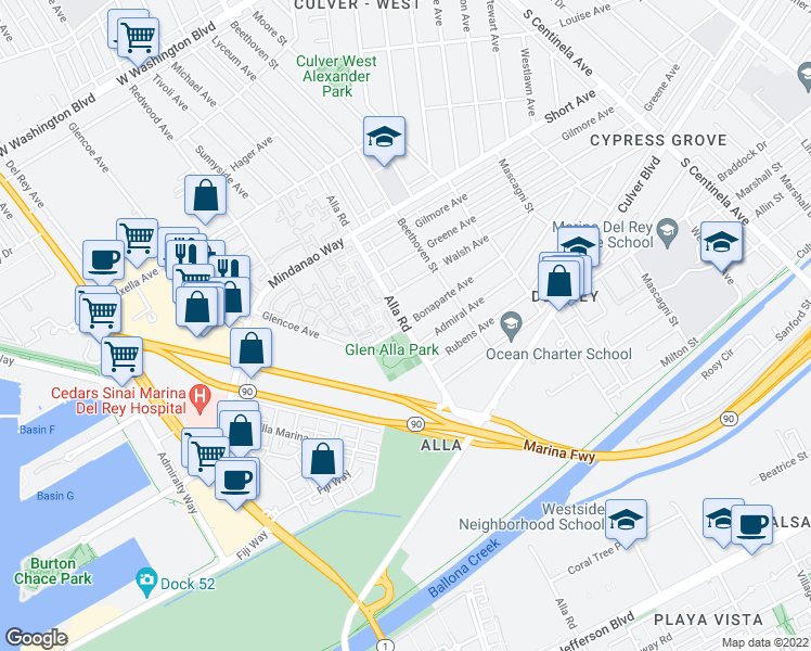 map of restaurants, bars, coffee shops, grocery stores, and more near Alla Rd & Bonaparte Ave in Marina Del Rey