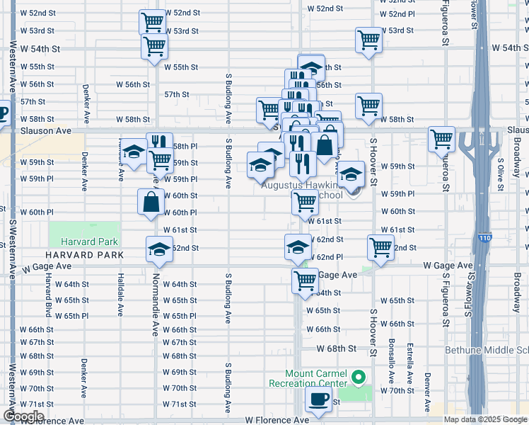 map of restaurants, bars, coffee shops, grocery stores, and more near 1062 West 60th Place in Los Angeles