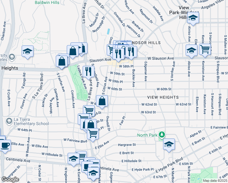 map of restaurants, bars, coffee shops, grocery stores, and more near 6006 Overhill Drive in View Park-Windsor Hills