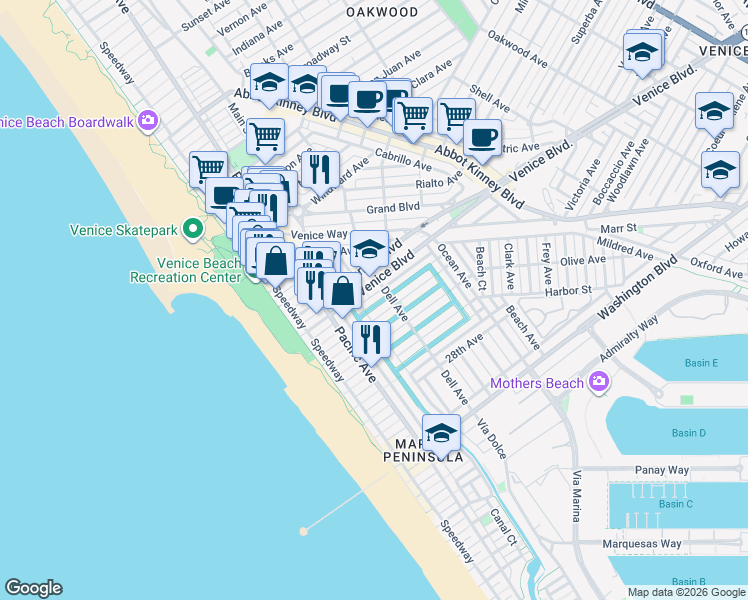 map of restaurants, bars, coffee shops, grocery stores, and more near 216 North Venice Boulevard in Los Angeles