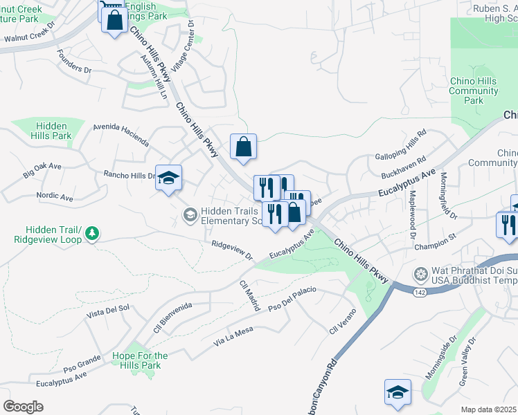 map of restaurants, bars, coffee shops, grocery stores, and more near 2539 Sundial Drive in Chino Hills