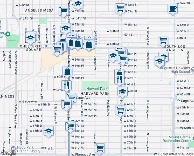 map of restaurants, bars, coffee shops, grocery stores, and more near West 60th Place in Los Angeles
