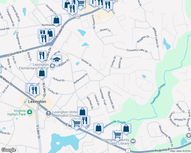 map of restaurants, bars, coffee shops, grocery stores, and more near 104 Dreher Court in Lexington
