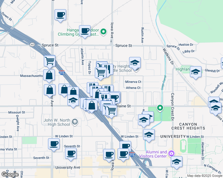 map of restaurants, bars, coffee shops, grocery stores, and more near 3099 Iowa Avenue in Riverside