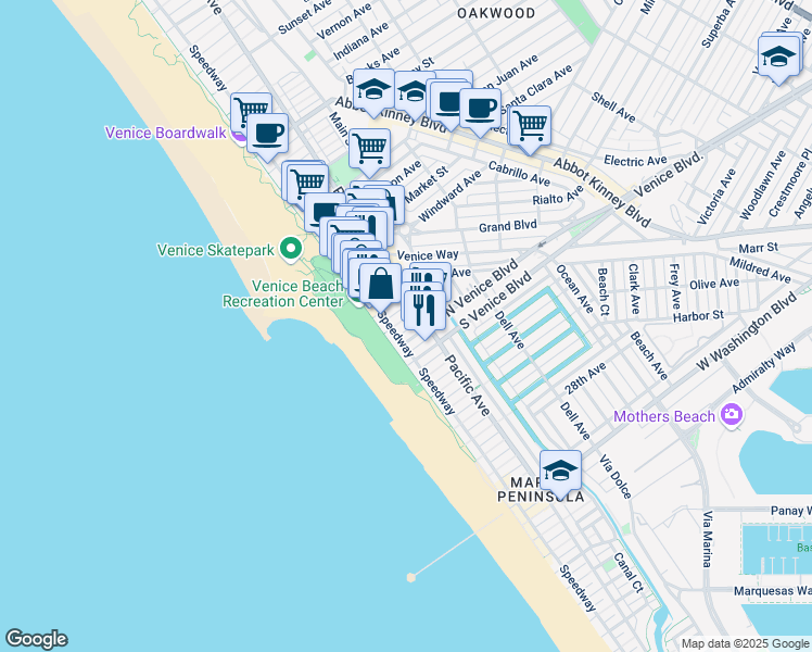 map of restaurants, bars, coffee shops, grocery stores, and more near 22 20th Avenue in Los Angeles