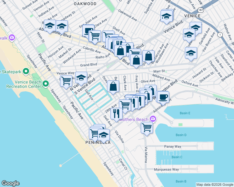 map of restaurants, bars, coffee shops, grocery stores, and more near 2504 Ocean Avenue in Los Angeles