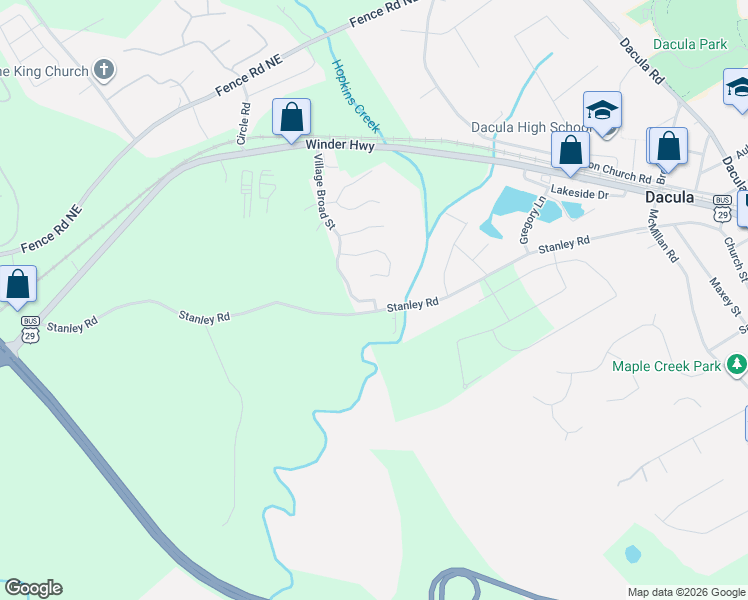 map of restaurants, bars, coffee shops, grocery stores, and more near 2025 Villa Spring Court in Dacula