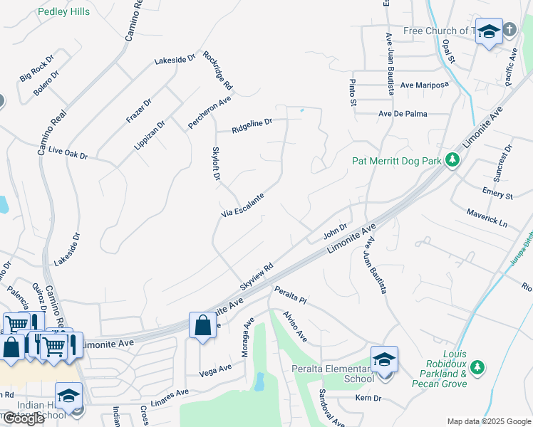 map of restaurants, bars, coffee shops, grocery stores, and more near 7163 Sebastian Avenue in Riverside
