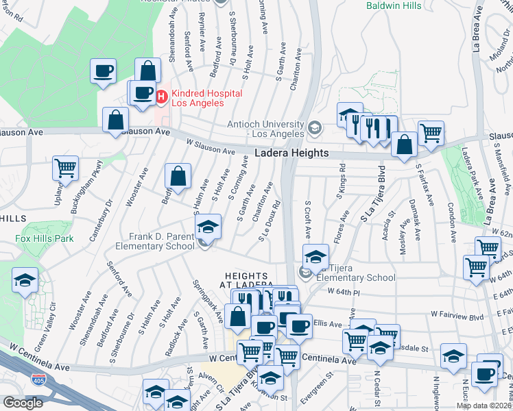 map of restaurants, bars, coffee shops, grocery stores, and more near 5925 Chariton Avenue in Los Angeles