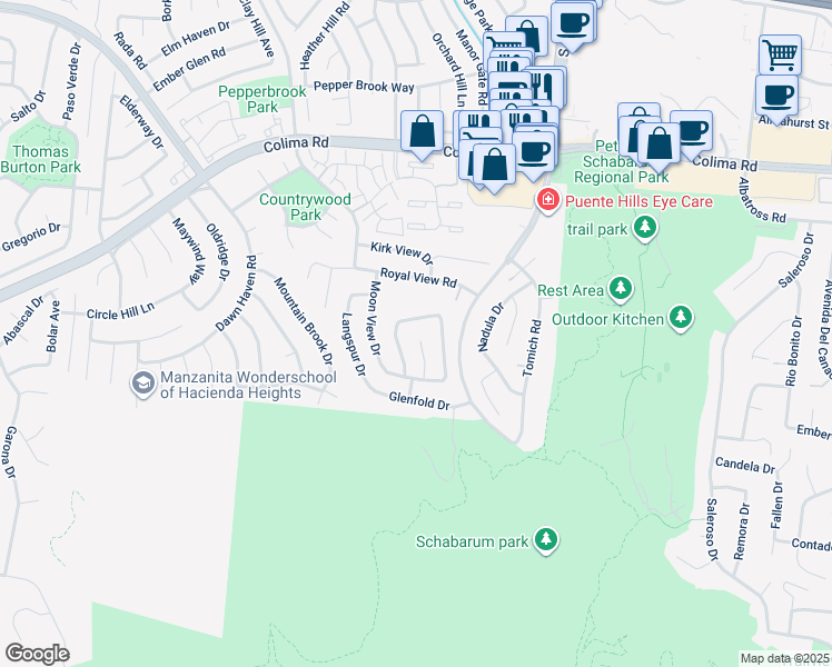 map of restaurants, bars, coffee shops, grocery stores, and more near 17011 Bracewood Drive in Hacienda Heights
